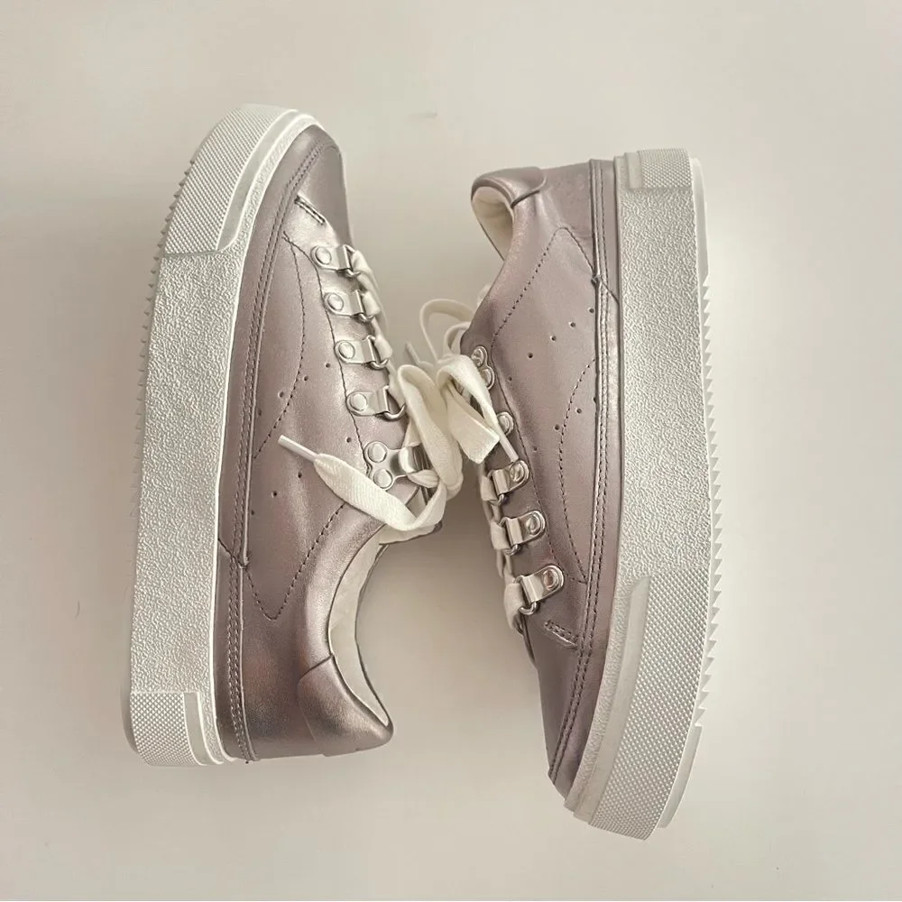 ALLSAINTS Womens Silver Metallic Quinn Round Toe Platform Leather Sneakers Shoes
